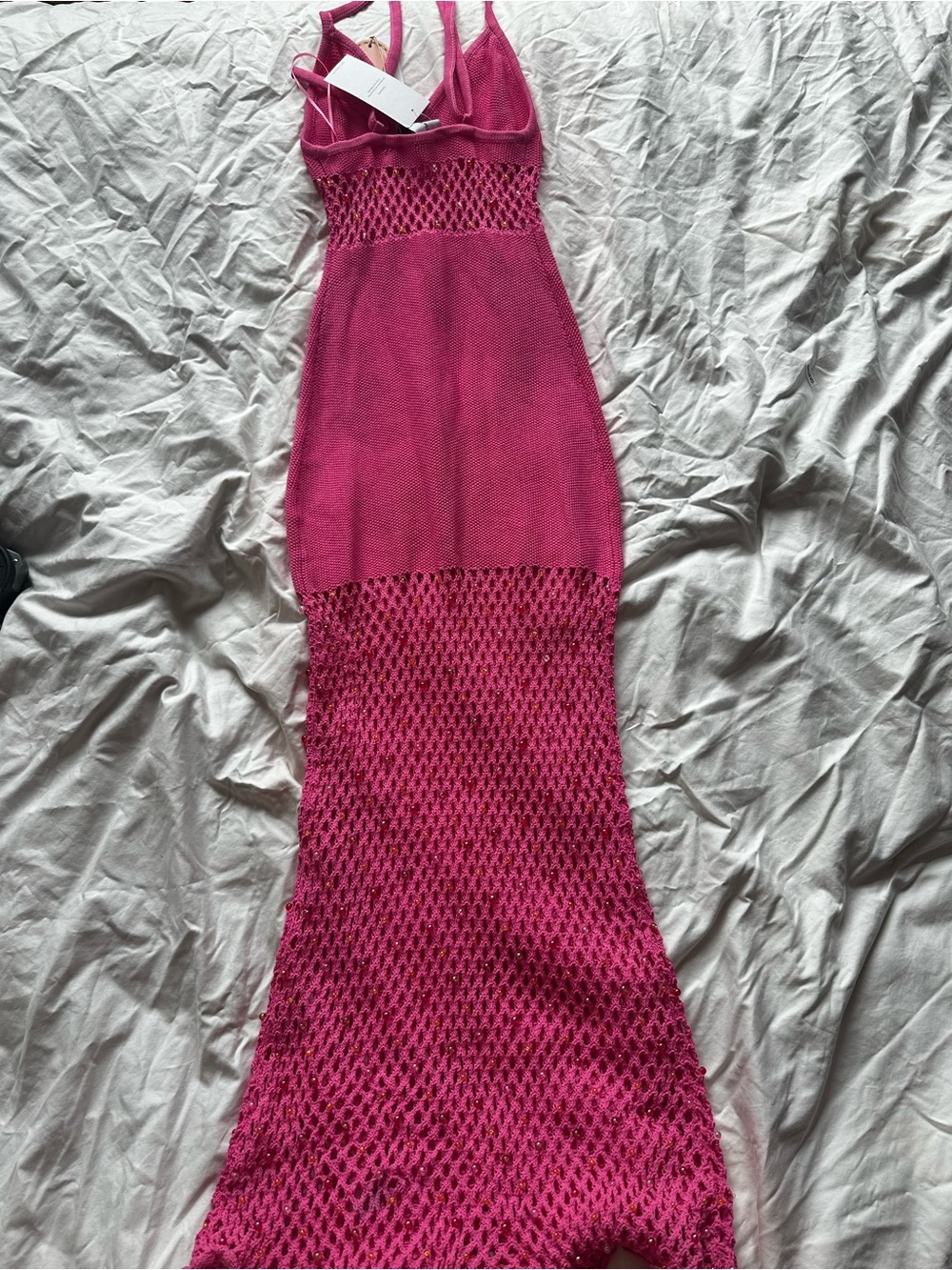The Wolf Gang Perla Maxi Dress Candy Pink Beaded Crochet Mermaid Maxi Dress XS - Picture 13 of 15
